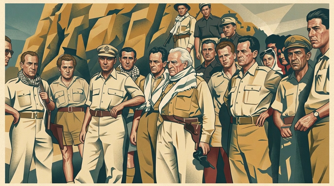 Hagana leaders including Ben-Gurion assembled beneath the flag