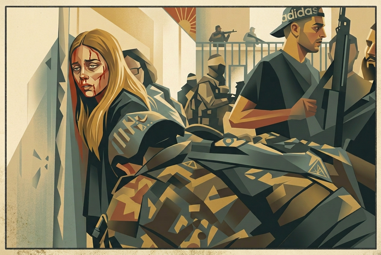 A wounded woman beside an armed man in a cap